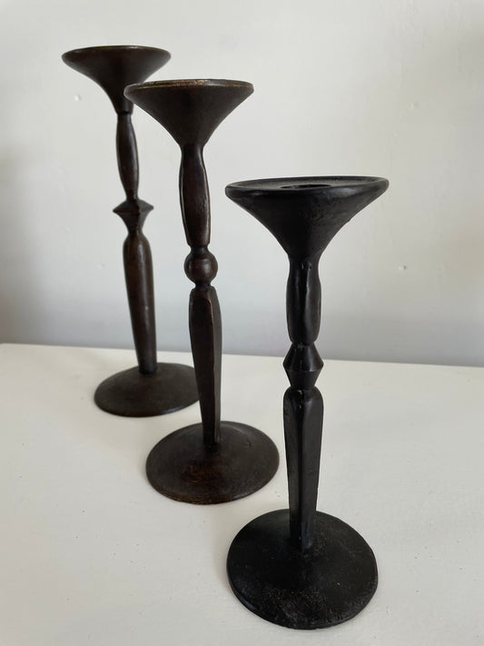 Gothic 'Primitive' Cast Iron & Brass Taper Candle Holders