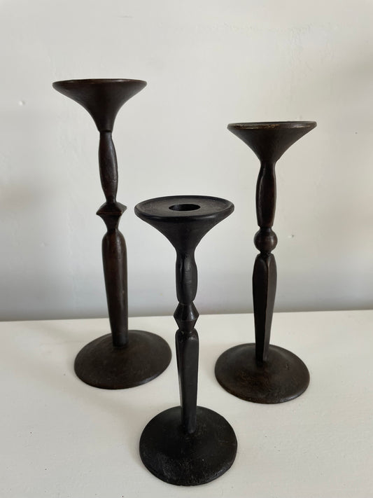 Gothic 'Primitive' Cast Iron & Brass Taper Candle Holders